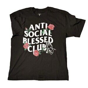 Twisted Label "Anti Social Blessed Club" T-Shirt L Black Praying Hands Rose Tee